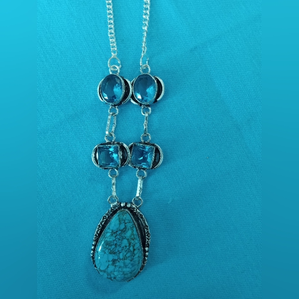 Turquoise Blue Topaz 925 Silver Plated Necklace - Picture 1 of 7
